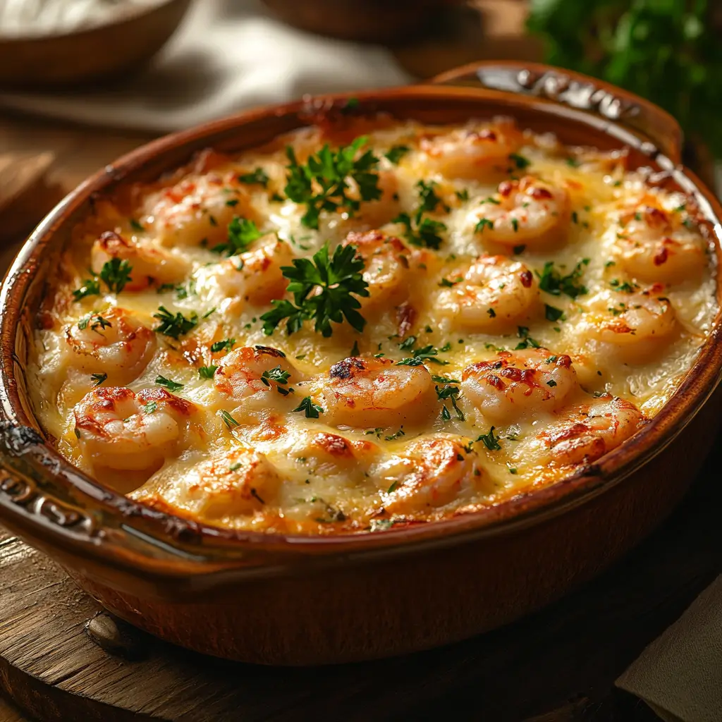 A freshly baked shrimp casserole recipe with melted cheese and parsley.