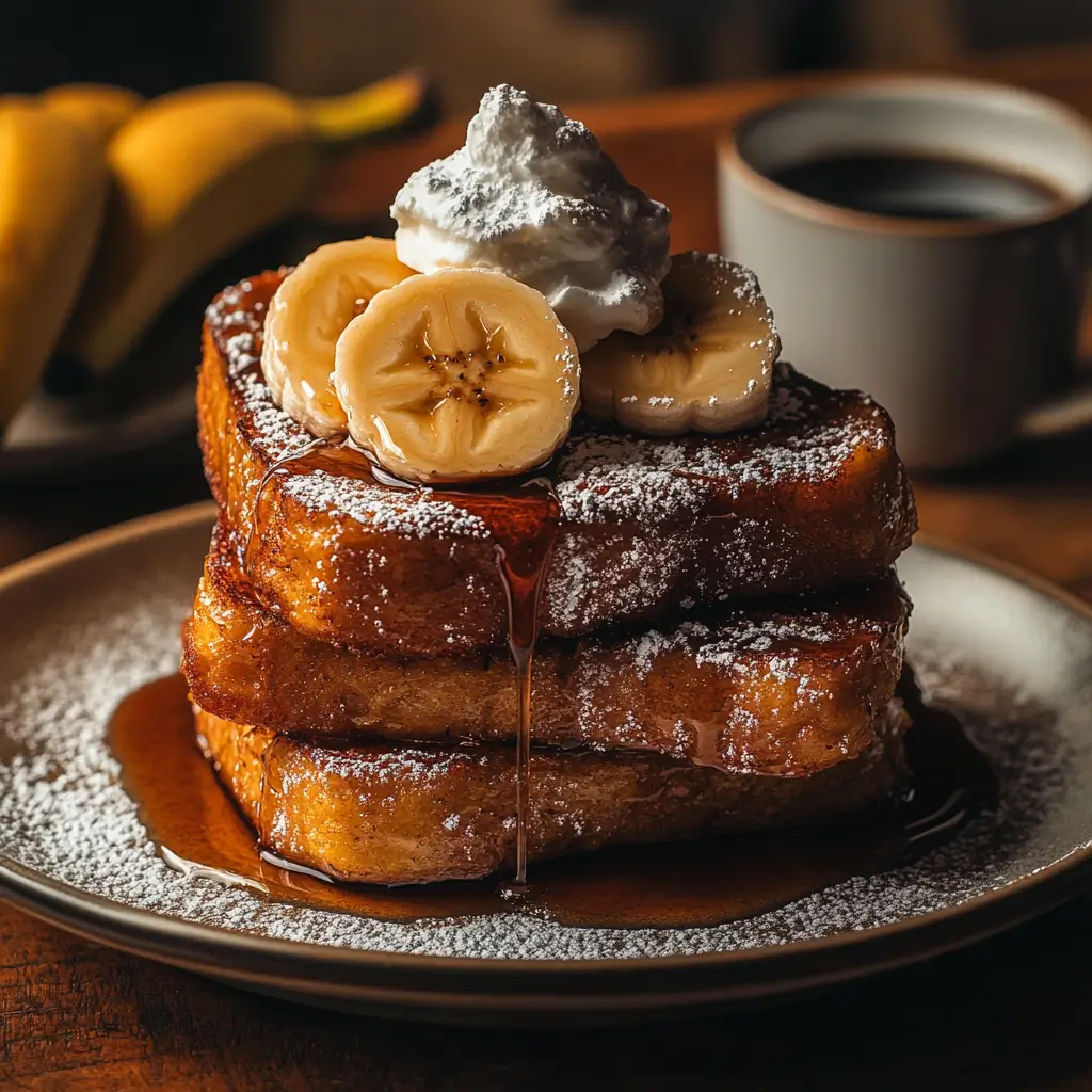 Banana Bread French Toast drizzled with maple syrup and topped with bananas.