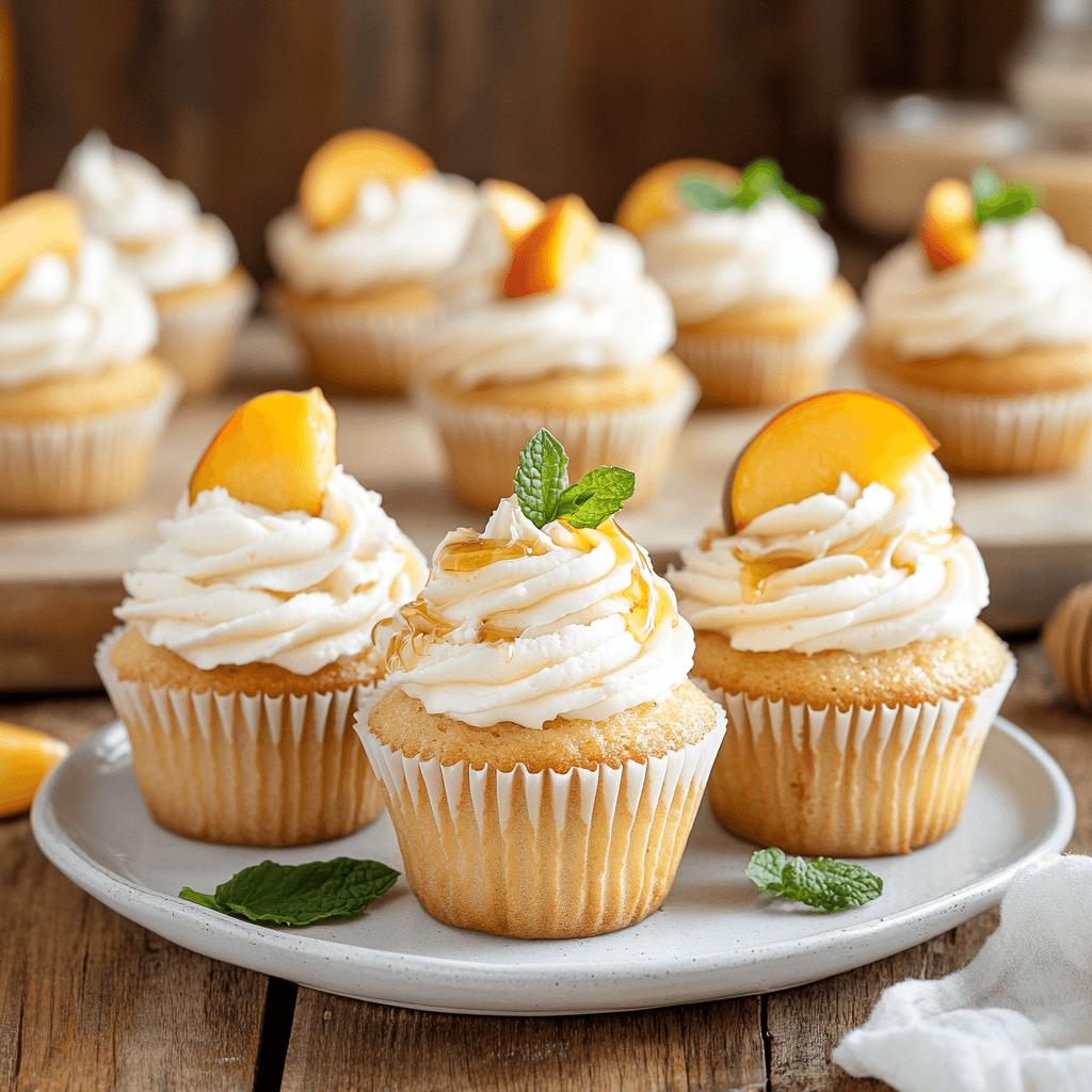 A plate of honey peach cream cheese cupcakes with fresh peaches and honey drizzle.