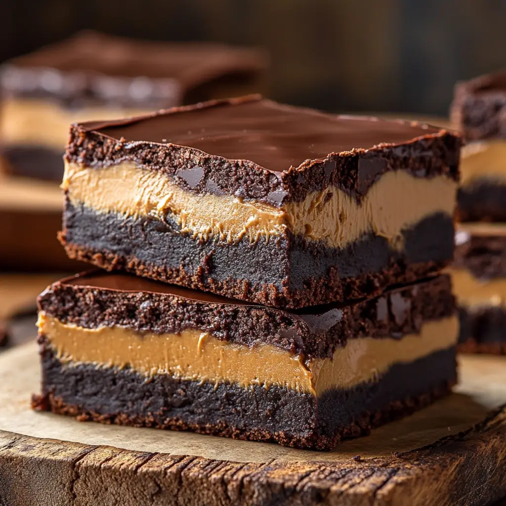 Easy Buckeye Brownies stacked with a glossy chocolate topping.