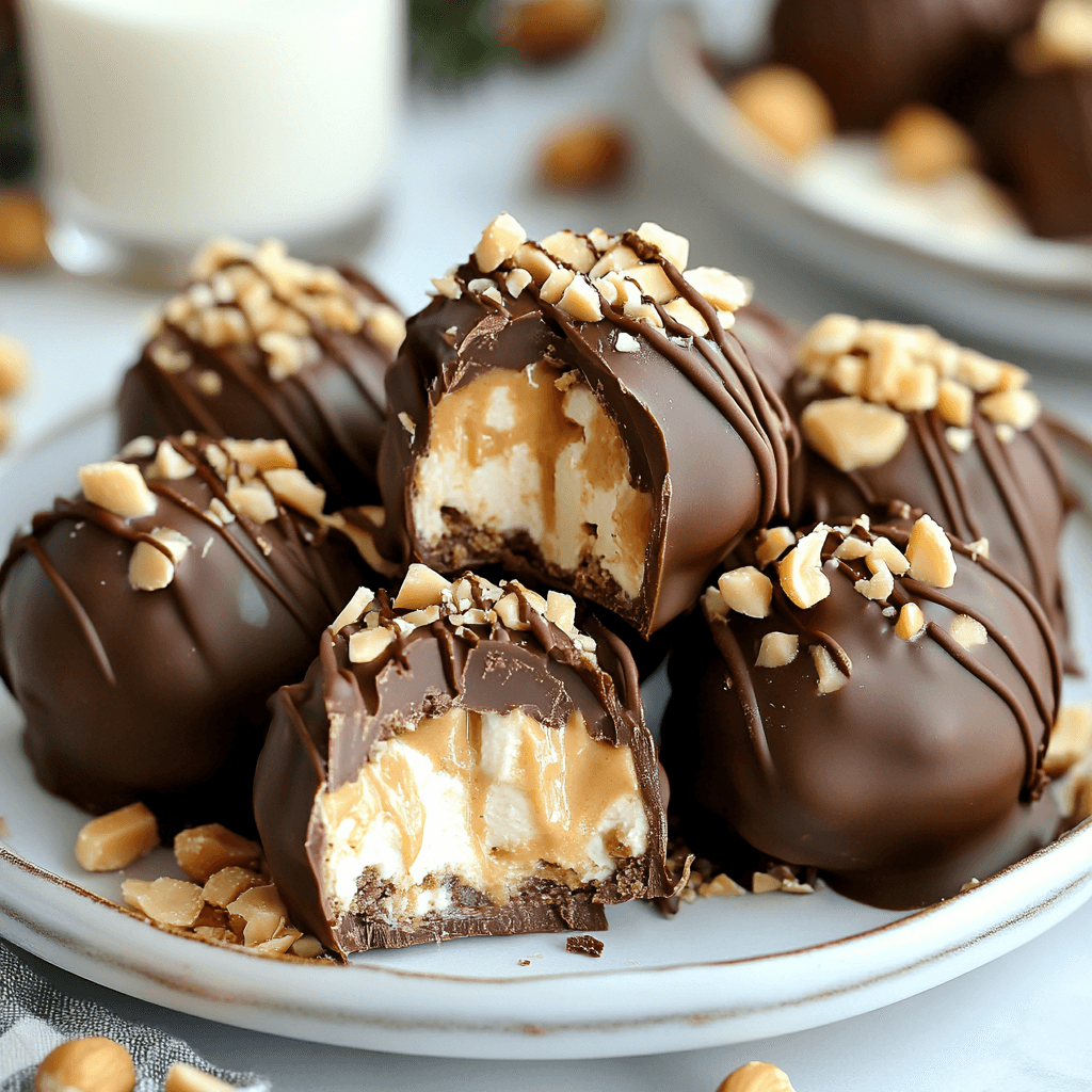 No-bake peanut butter cheesecake balls with chocolate drizzle.
