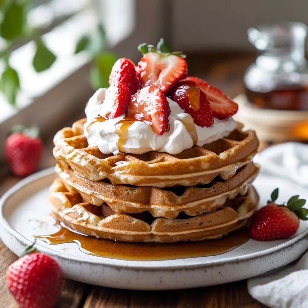 Fluffy homemade strawberry waffles topped with fresh strawberries and syrup.